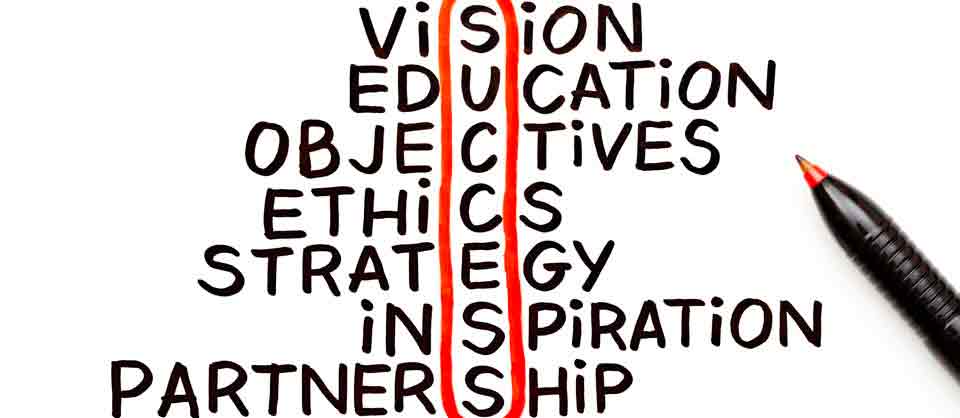 Vision, success, objective, ethics, strategy, inspiration, partnership